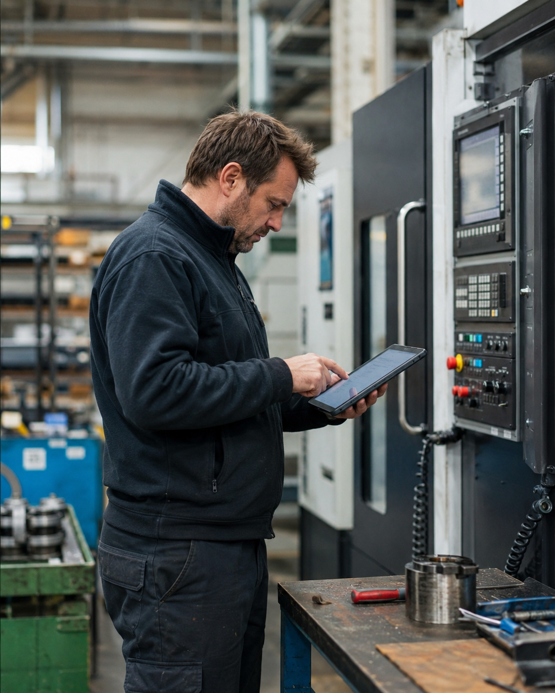 A worker at a machine, with information used alongside the work