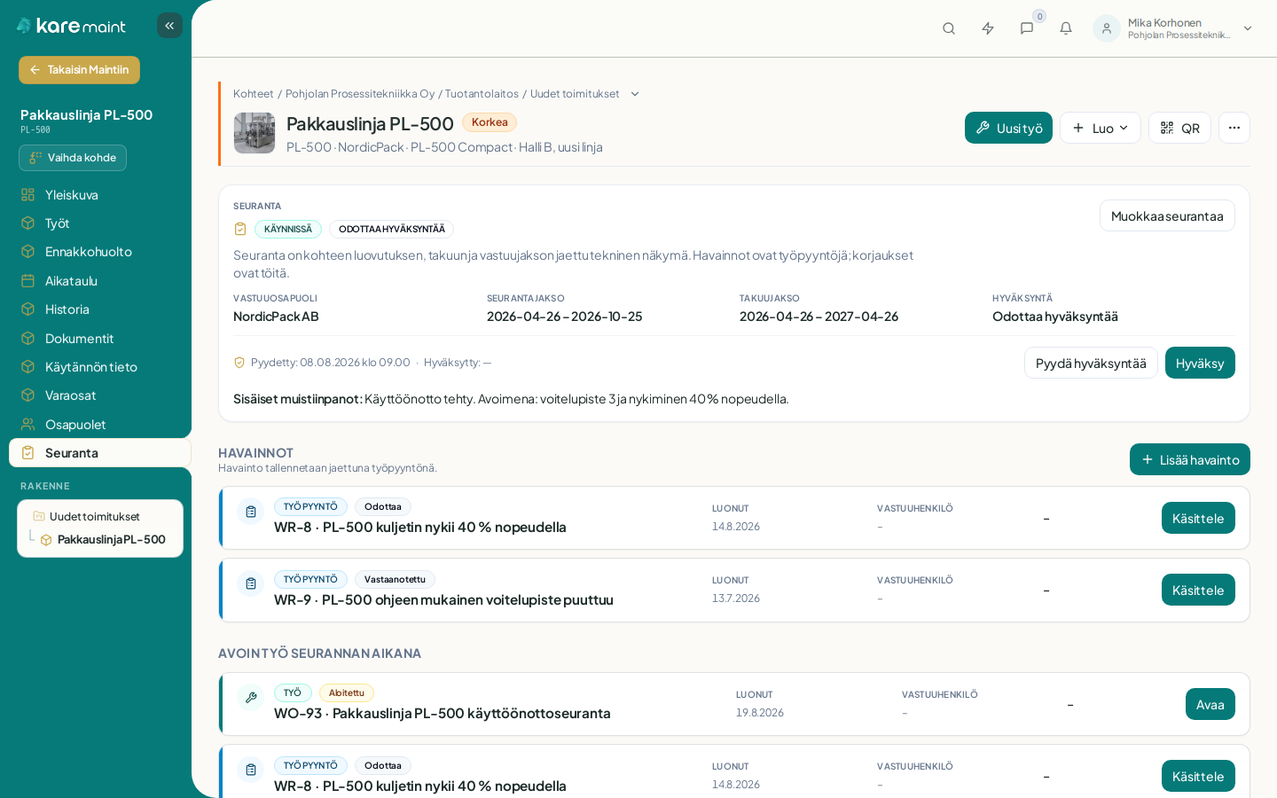 Kare Maint — PL-500 seuranta, takuu ja havainnot