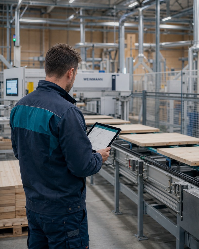 Työntekijä käyttää tablettia tuotantoympäristössä